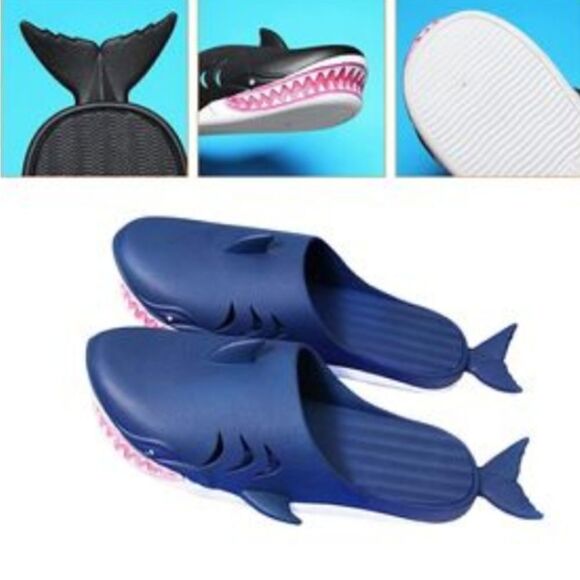 New M8.5/9.5 W10/11 Blue Shark Water Shoes Summer Slides Pool Beach - Picture 2 of 7